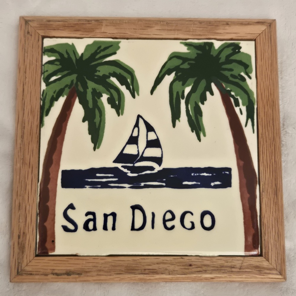 Vintage San Diego Mexico Ceramic Tile Wall Plaque Palm Trees Sailboat Framed